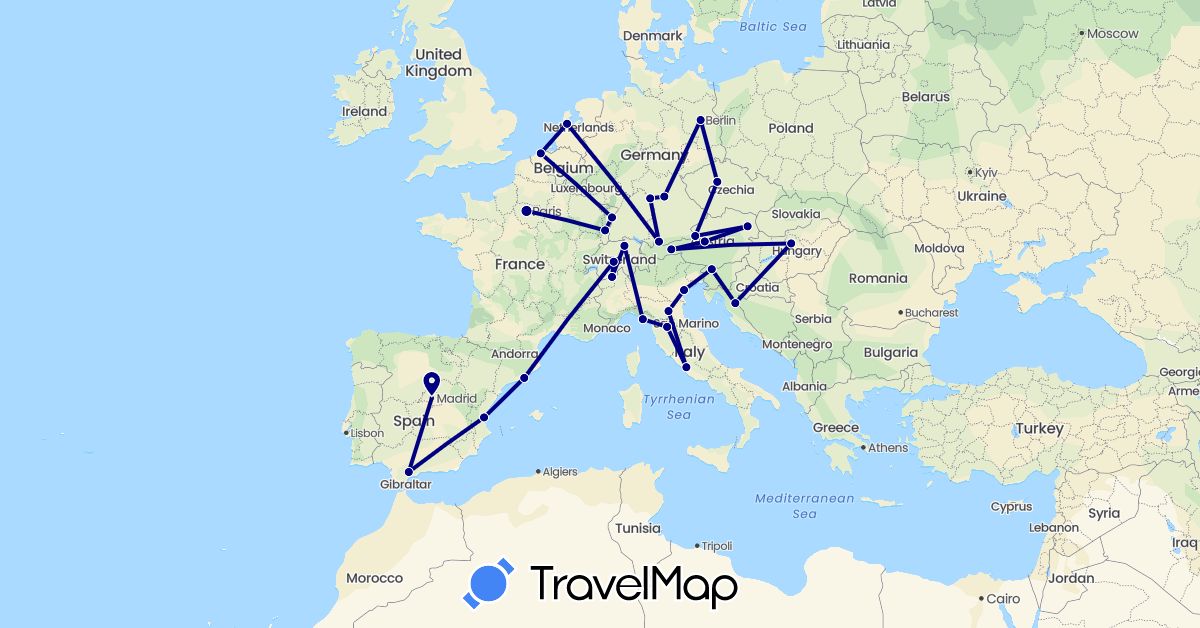 TravelMap itinerary: driving in Austria, Belgium, Switzerland, Czech Republic, Germany, Spain, France, Croatia, Hungary, Italy, Netherlands, Slovenia (Europe)